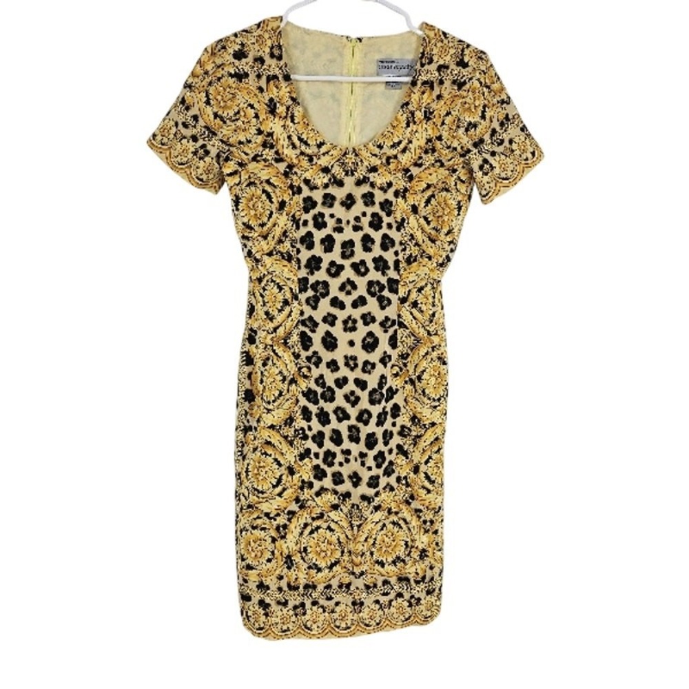 Vintage Bloomingdales Shift Dress Gold Leopard Brocade Print Mini Lined Size 4